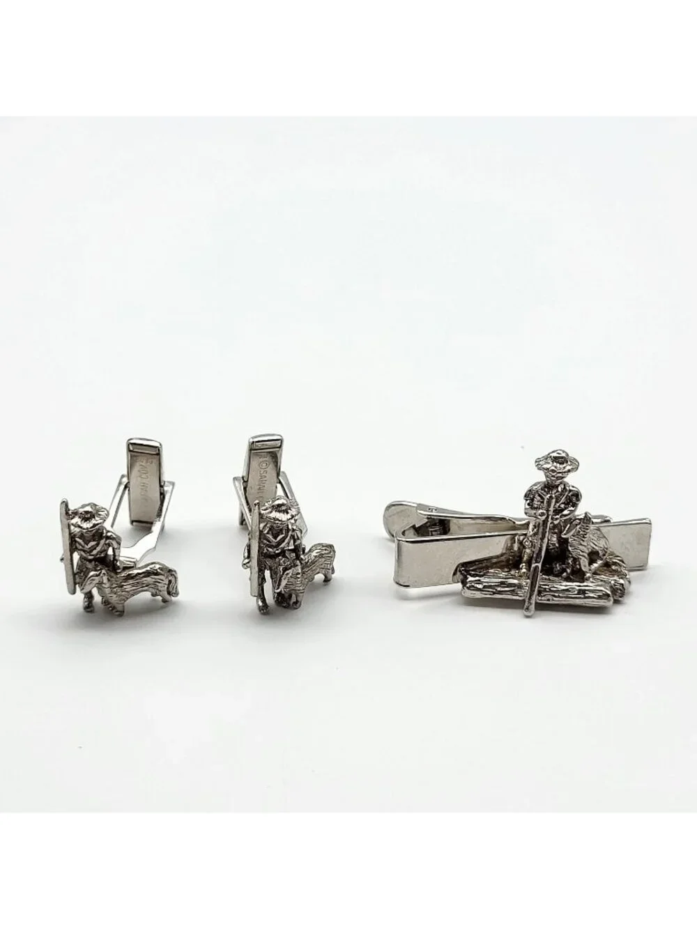 VTG Sarah Coventry Cufflink Tie Clip set Silver Tone Figural Hunter Boy Bird Dog